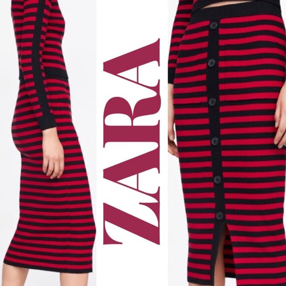 ZARA NAUTICAL STRIPED RIBBED KNIT STRETCHY MIDI PENCIL SKIRT FALL RED BLACK, Med - Picture 3 of 9